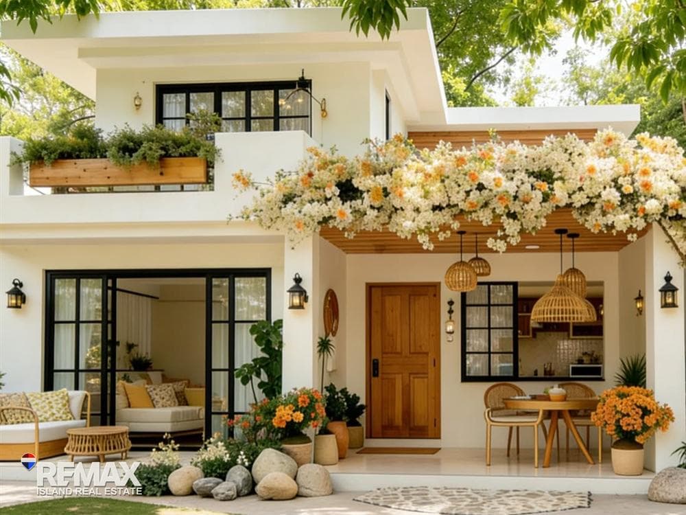 Front of a Mira townhouse with flowering balcony planters, artist’s impression