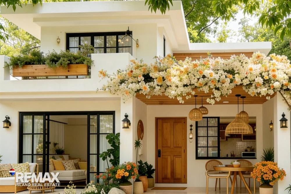 Front of a Mira townhouse with flowering balcony planters, artist’s impression