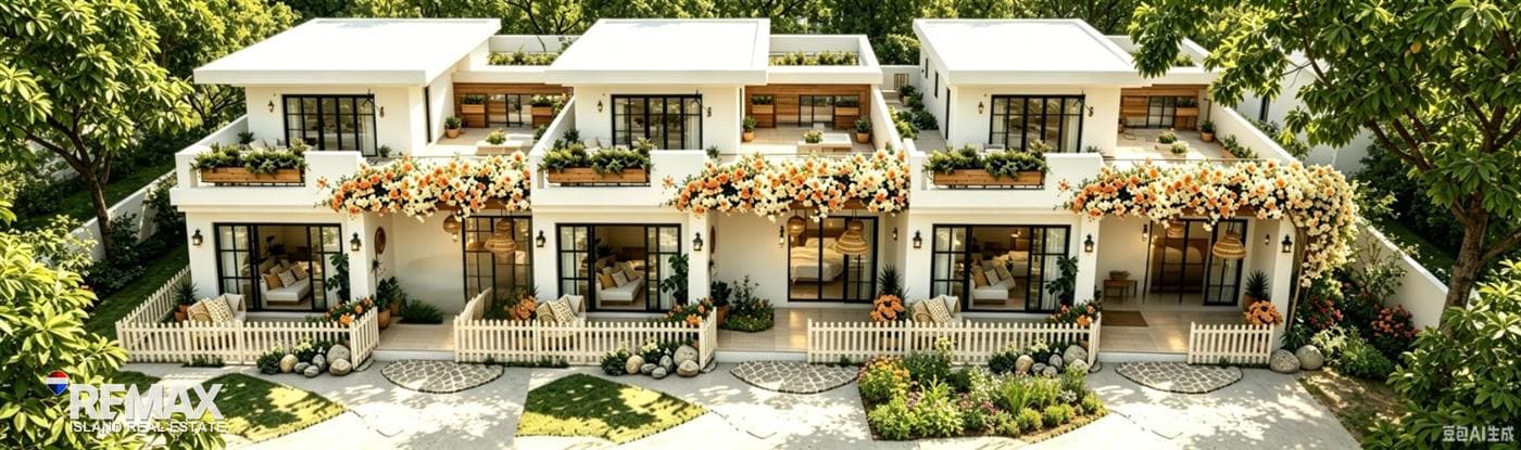 Row of Mira townhouses from above, surrounded by trees, artist’s impression