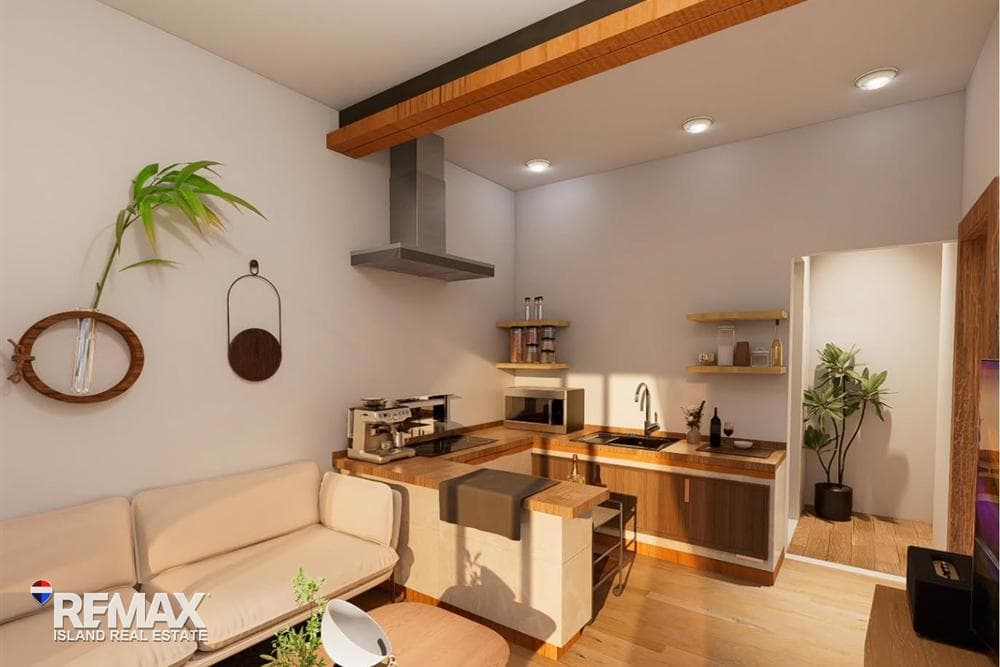 Townhouse living area and kitchen with timber beam, artist’s impression