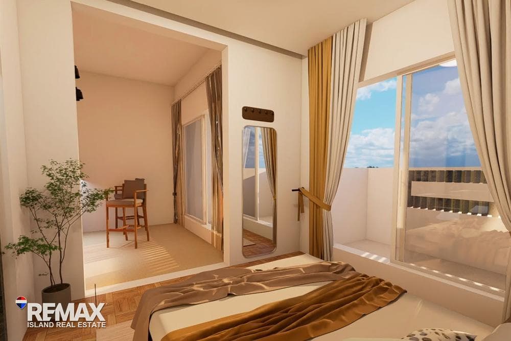 Townhouse upstairs bedroom with balcony door, artist’s impression