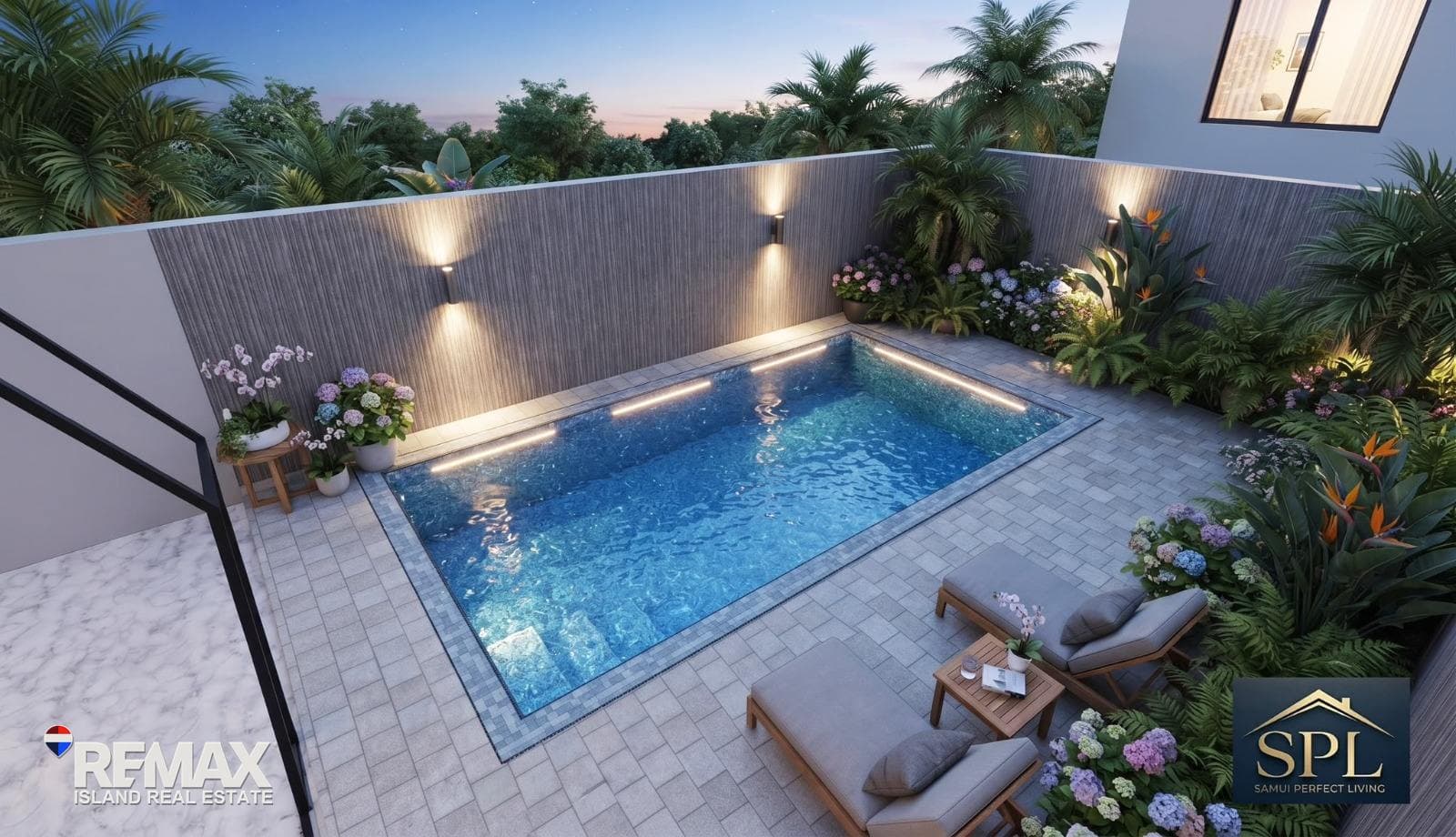 Private pool courtyard of a Mira pool villa at dusk, artist’s impression