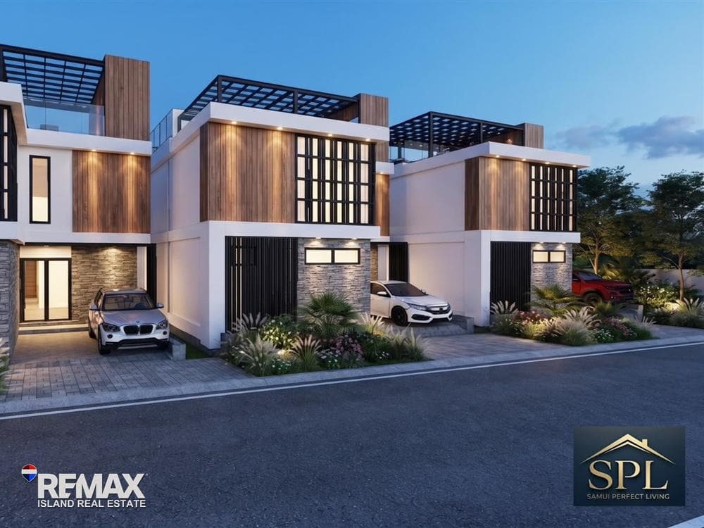 Two-storey Mira pool villas at dusk with timber screens and roof pergolas, artist’s impression