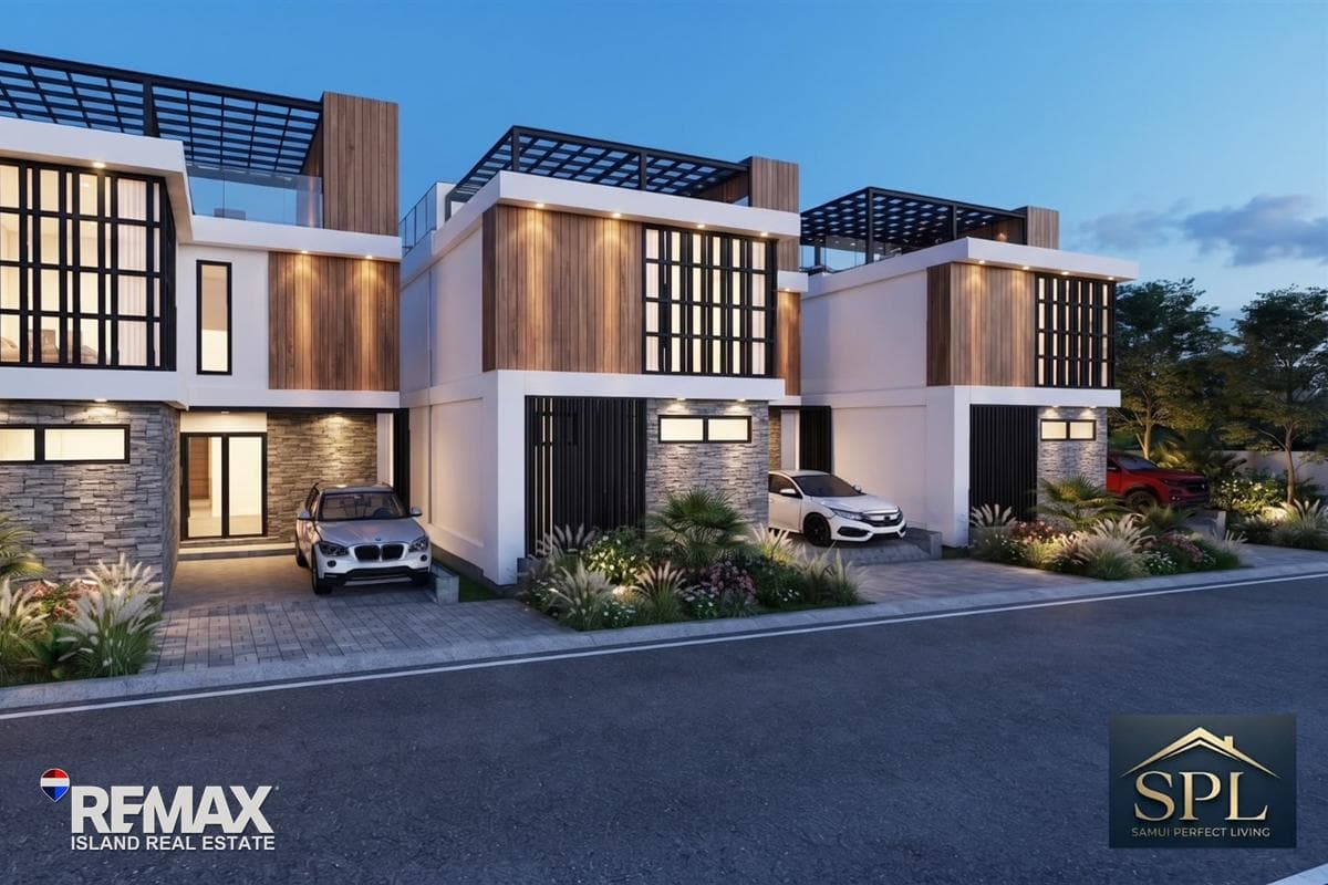 Two-storey Mira pool villas at dusk with timber screens and roof pergolas, artist’s impression