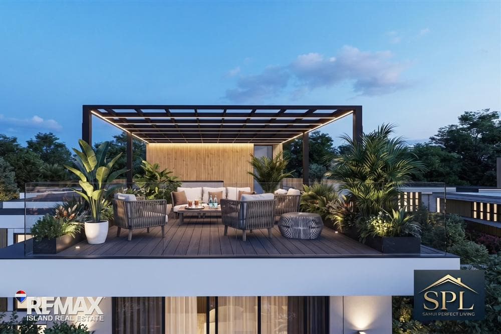 Pool villa roof terrace lounge under a pergola, artist’s impression