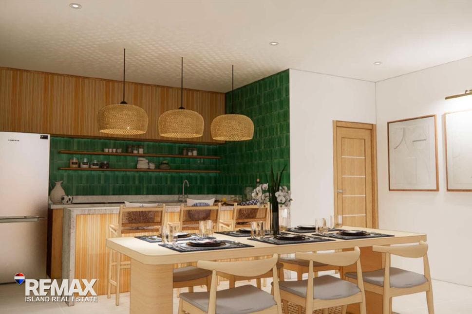 Pool villa kitchen with green tile wall and dining table, artist’s impression