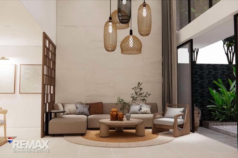 Pool villa living area with rattan pendant lights, artist’s impression