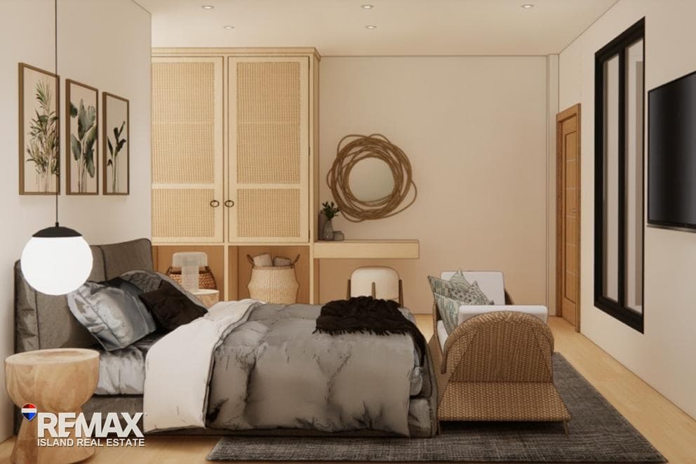 Pool villa bedroom with timber wardrobes, artist’s impression