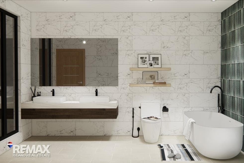 Pool villa bathroom with freestanding bath, artist’s impression